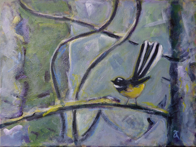 acrylic painting on canvas of a New Zealand fantail in the bush, painted in a semi-abstract style