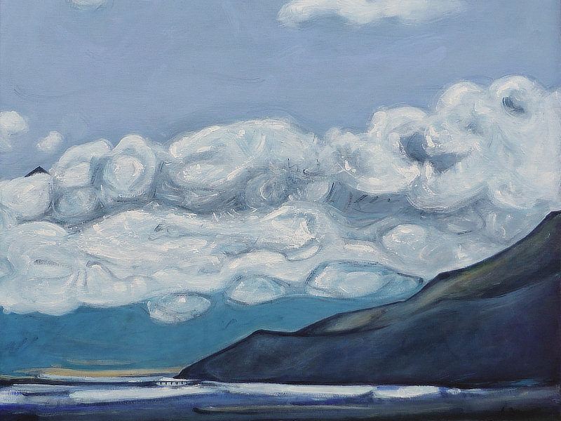 detail of acrylic painting on canvas of a New Zealand landscape with clouds, painted in a semi-abstract style