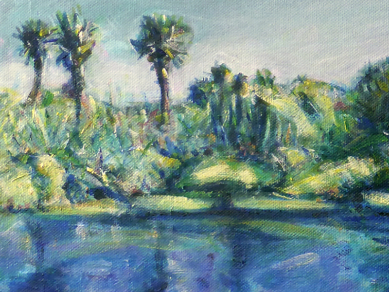 detail of acrylic painting on canvas of a New Zealand landscape with green and yellow trees and blue water, painted in an impressionist style
